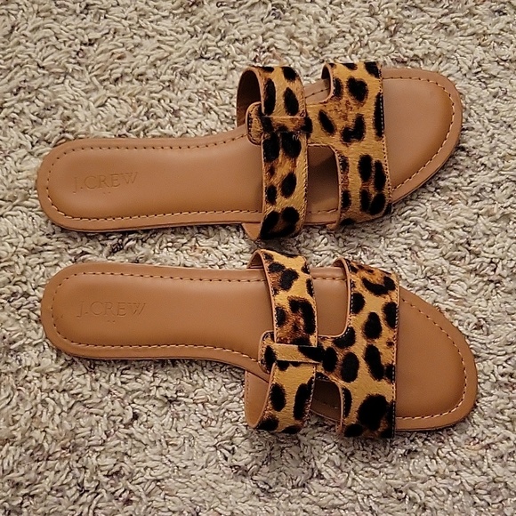 J Crew Women's Calf Hair Leopard Beachside Slides Sandals Size 9M - Picture 2 of 4